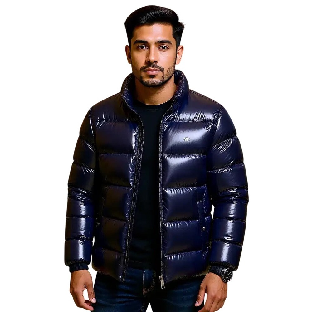 Calvin Klein $225 Mens 7° Shiny Navy Puffer Jacket Water Resistant Sorona M NWT